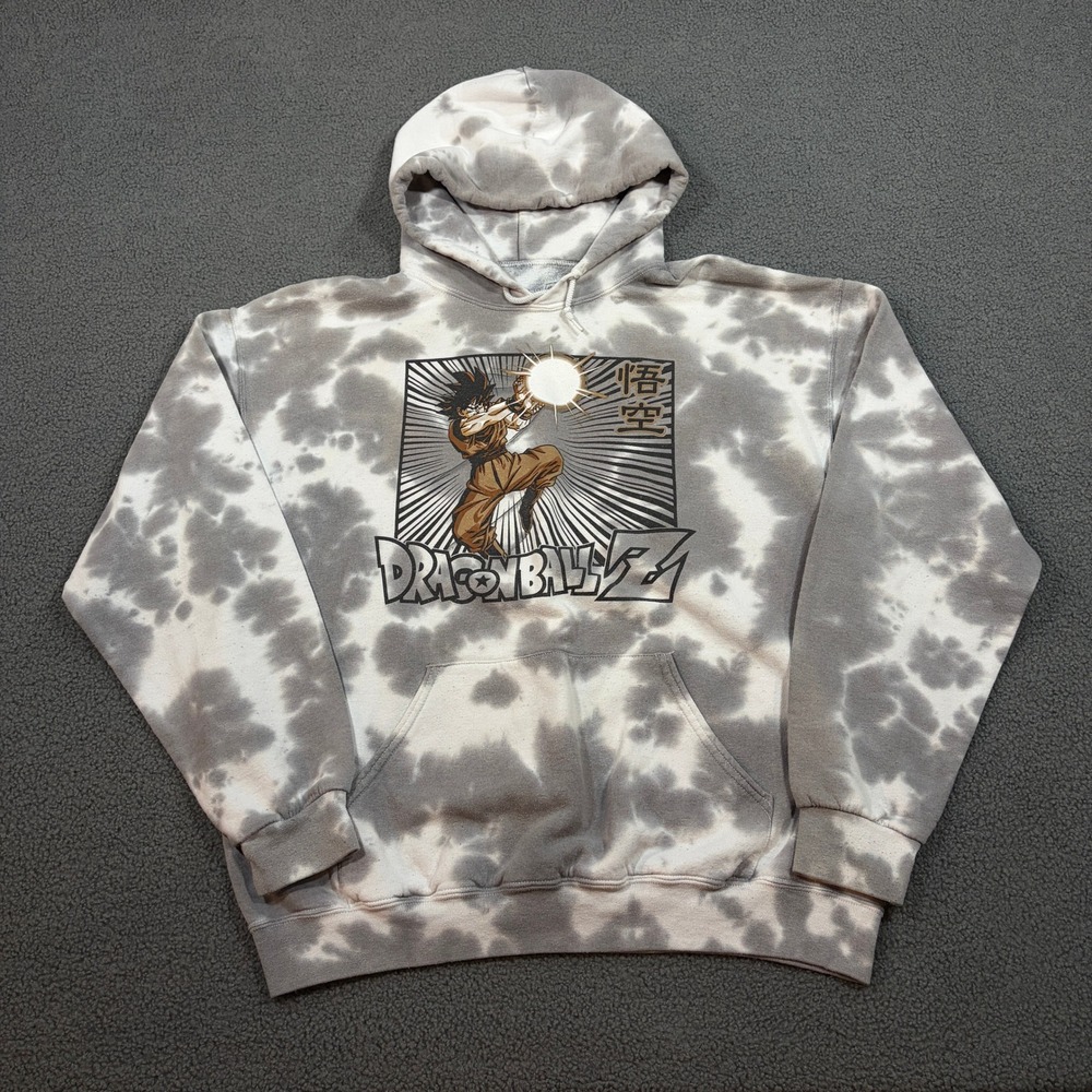 Dragon Ball Z Hoodie Mens Large Gray Tie Dye Goku Graphic Pullover Sweatshirt
